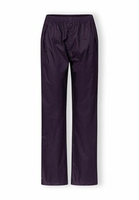 Paarse waterdichte broek met een elastische tailleband, zijzakken en een recht gesneden ontwerp. Gemaakt van lichtgewicht, glad materiaal.