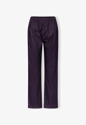 Paarse waterdichte broek met een elastische tailleband, zijzakken en een recht gesneden ontwerp. Gemaakt van lichtgewicht, glad materiaal.