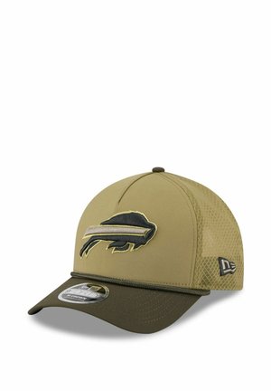 Olive green baseball cap with a textured mesh back, featuring an embroidered black and gray bison logo on the front and a curved brim.
