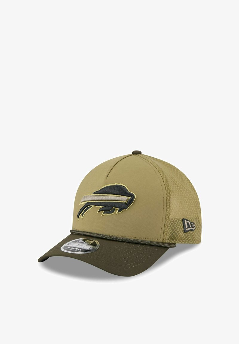 Olive green baseball cap with a textured mesh back, featuring an embroidered black and gray bison logo on the front and a curved brim.