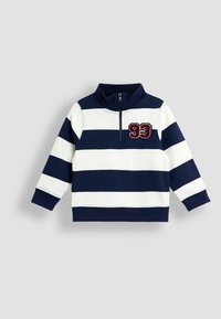 Navy ja valge triibuline pullover kõrge kaelusega ja lukuga ees. Ees on punane 93 tikand. Pehme kangas, pikad varrukad.
