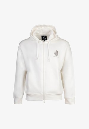 Felpa con cappuccio bianca con cerniera frontale, tasche anteriori, cappuccio con coulisse e piccolo logo "A|X Armani Exchange" sul petto a sinistra.