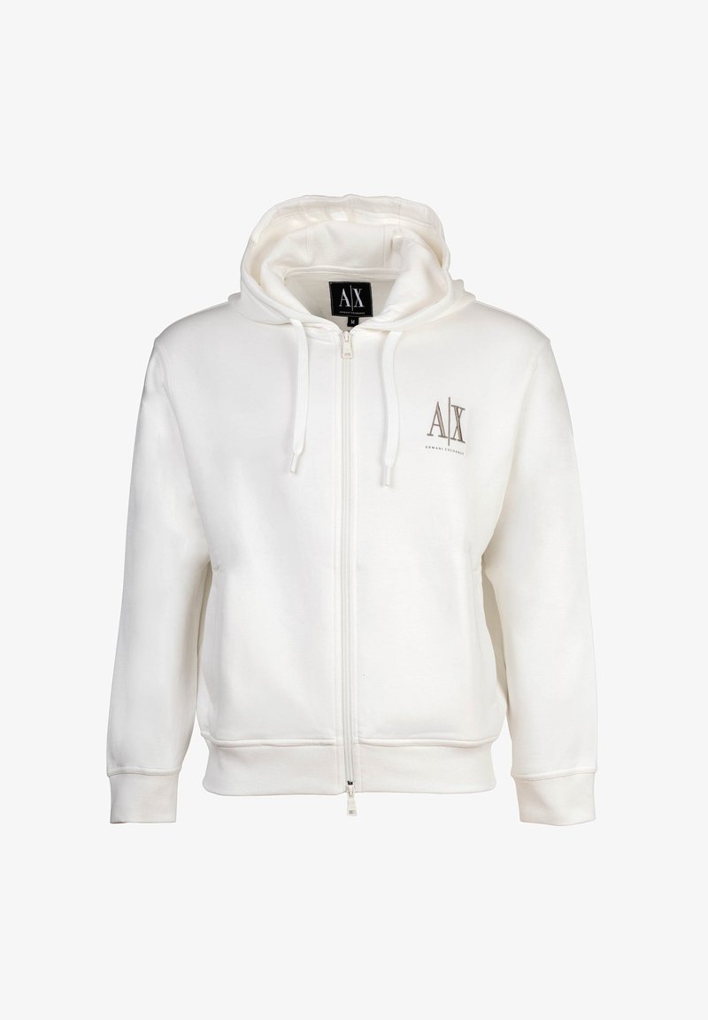 Witte hoodie met ritssluiting, voorzakken, capuchon met trekkoord en klein "A|X Armani Exchange" logo op de linkerbovenkant.