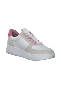 Weiße und beige Sneaker mit rosa Akzenten. Glattes Leder und perforiertes Zehendesign. Mit flachen Schnürsenkeln und einer dicken weißen Sohle.