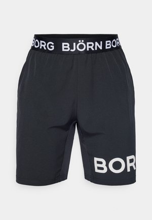 Black athletic shorts with a stretchy waistband featuring "BJÖRN BORG" in white lettering. The left leg has a white patterned "BORG" logo.