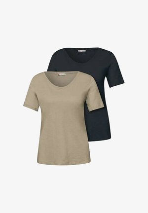 Zwei schlichte Kurzarm-T-Shirts, eines beige vorne und eines schwarz hinten, beide mit Rundhalsausschnitt auf weißem Hintergrund.