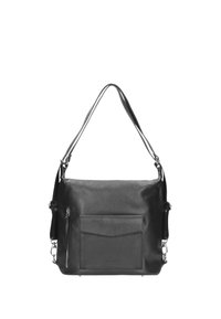 Borsa a spalla in pelle nera con finitura testurizzata, dotata di una tasca frontale, tracolla regolabile e dettagli in metallo argentato.