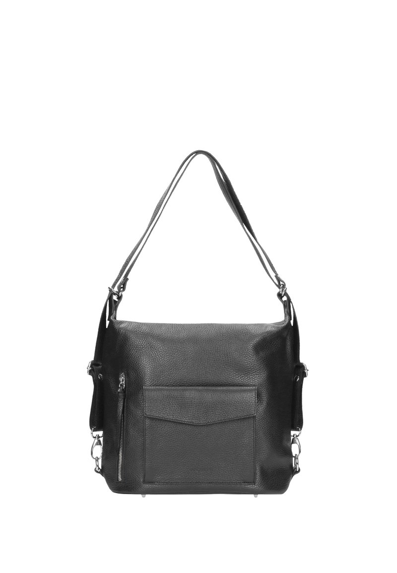 Borsa a spalla in pelle nera con finitura testurizzata, dotata di una tasca frontale, tracolla regolabile e dettagli in metallo argentato.