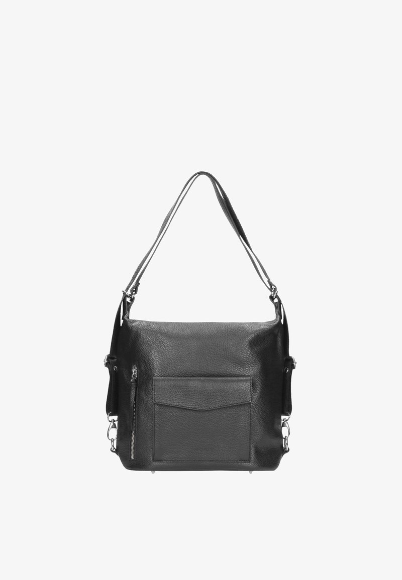Borsa a spalla in pelle nera con finitura testurizzata, dotata di una tasca frontale, tracolla regolabile e dettagli in metallo argentato.