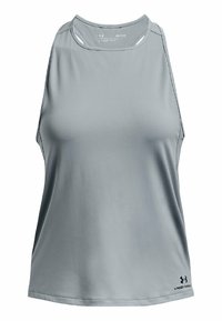 Canotta atletica grigia chiara con collo alto, design senza maniche, texture liscia e logo ricamato in basso a destra.