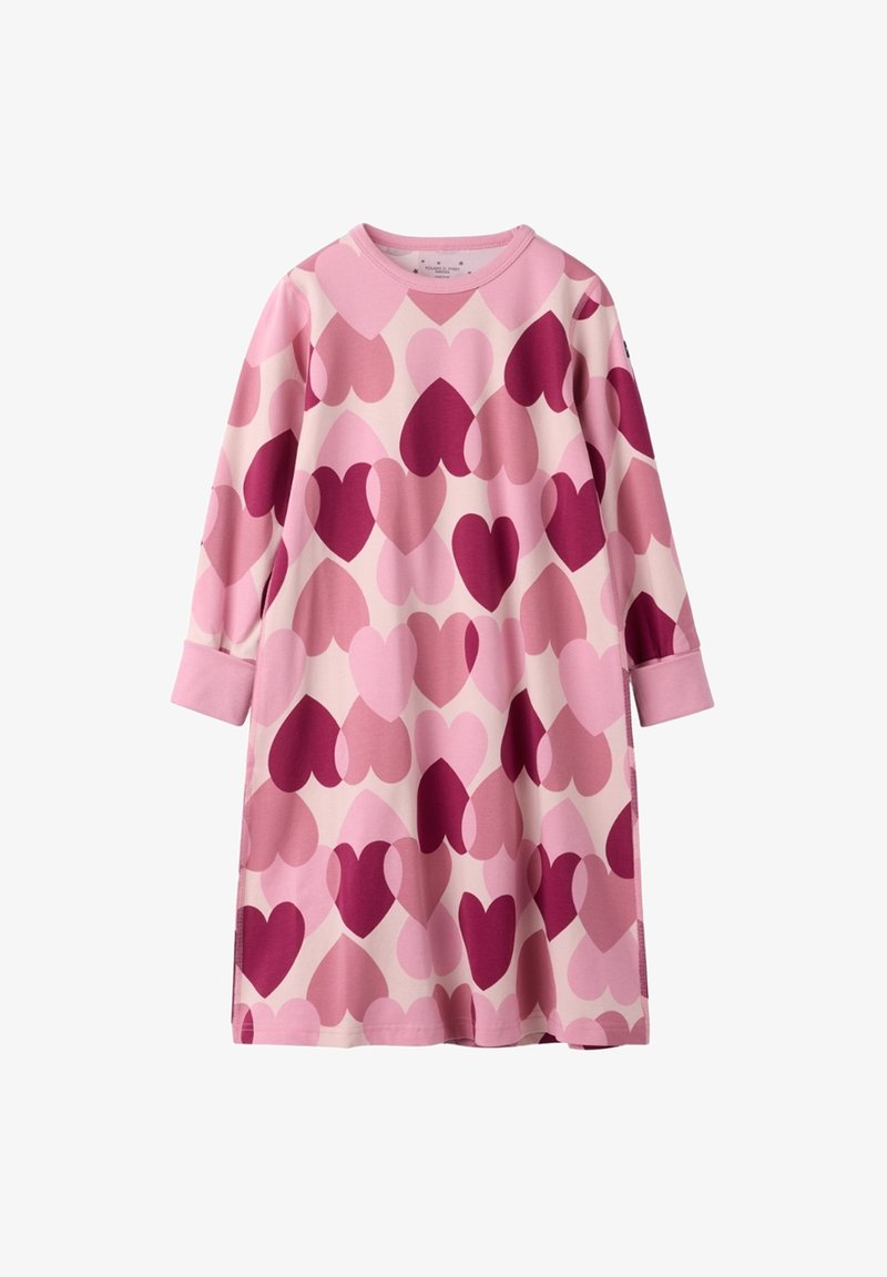 Lyserød langærmet kjole med forskellige størrelser af overlappende hjerter i nuancer af lyserød og burgunder, lavet af et blødt, strækbart stof.