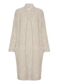 Beige, texturerad lång cardigan med öppen front, vida ärmar och två sidofickor. Mjuk tyg med en svag lyster.