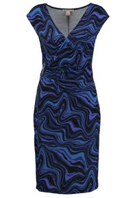Blå och svart swirl-mönstrad klänning med en omslagdesign, korta ärmar och en slim fit som smalnar av vid midjan.