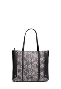 Tote bag van gemêleerd grijs en zwart materiaal met zachte zwarte leren zijkanten. Voorzien van zwarte straps en accenten van goudkleurig metaal.