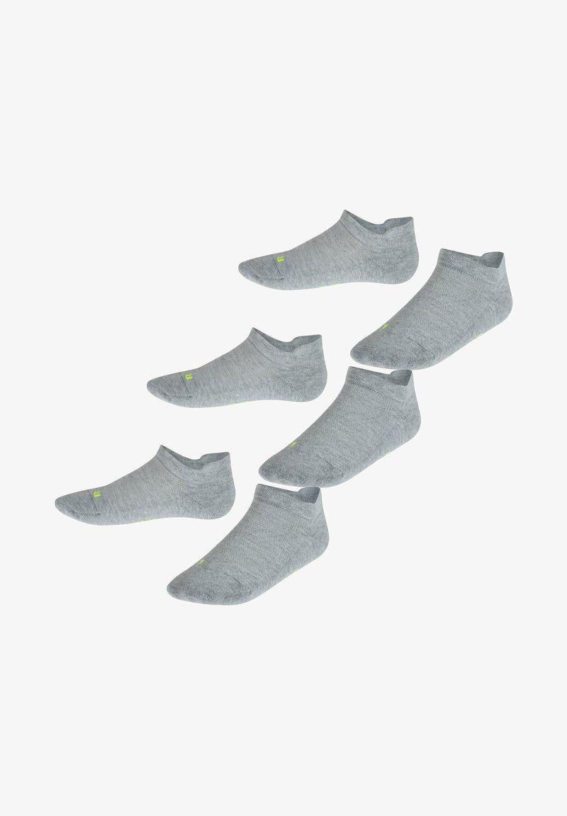 Calze alla caviglia grigie in cotone con un bordo a costine, caratterizzate da piccoli dettagli verdi per l'identificazione della taglia. Set di cinque paia.