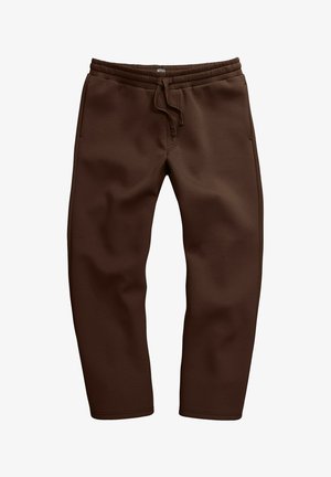 Bruine katoenmix joggerbroek met een elastische tailleband met trekkoord, zijzakken en taps toelopende boorden.