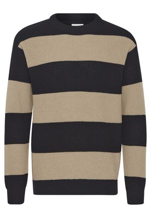 Striktrøje med brede horisontale striber i sort og beige, rund halsudskæring, lange ærmer og ribbede manchetter.