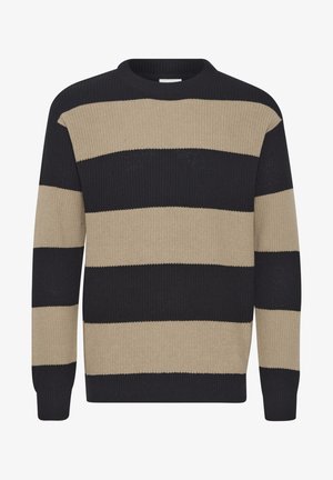 Pleteni pulover s širokim horizontalnim prugama u crnoj i bež boji, okrugli izrez, duge rukave i rebraste manžete.