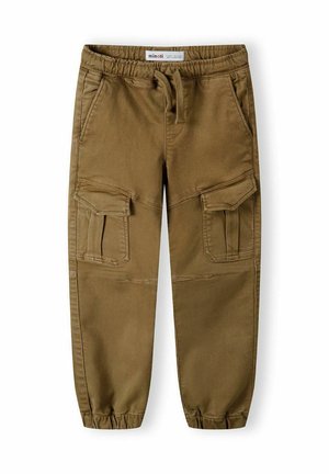 Pantalons cargo kaki en tissu doux, dotés d'une taille élastique, de plusieurs poches, de bordures aux chevilles et d'une texture lisse.