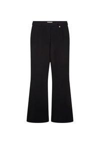 Zwarte flared broek met een gladde textuur, voorzien van een sluiting met een knoop aan de voorkant en een enkele decoratieve gouden accent. Klassieke pasvorm.