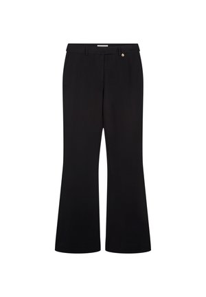 Zwarte flared broek met een gladde textuur, voorzien van een sluiting met een knoop aan de voorkant en een enkele decoratieve gouden accent. Klassieke pasvorm.