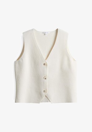Gilet bianco in misto lana con scollo a V, senza maniche, e quattro bottoni rotondi sulla parte anteriore. Texture morbida e vestibilità leggermente ampia.