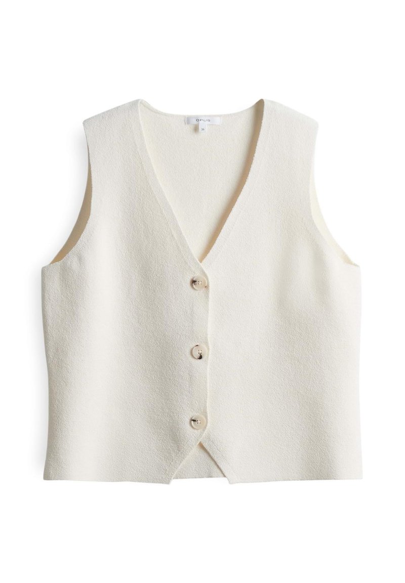 White wool-blend vest with a V-neck, sleeveless design, and four round buttons down the front. Soft texture and slightly loose fit.