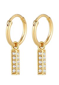 Zlatne okrugle naušnice s pravokutnim privjeskom koji sadrži višestruke prozirne rhinestones raspoređene u dva reda. Teksturalni akcenti na privjesku.