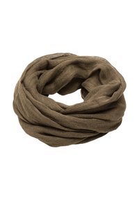Brąszowy, lekki szalik wykonany z teksturowanej tkaniny, skręcony w pętlę. Projekt ma miękki, opływowy wygląd z subtelnymi wariacjami.