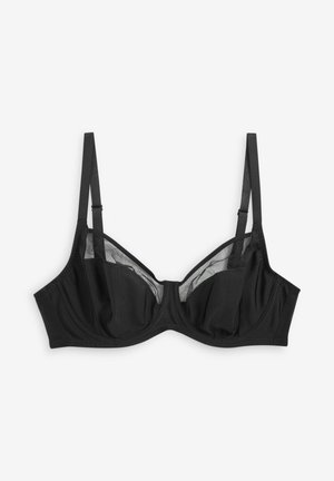 Musta rintaliivit, joissa on silikonikehykset ja läpikuultavaa verkkovuoristoa. Sisältää säädettävät olkaimet ja sileän pinnan, muotoiltu rakenteellisella mallilla.