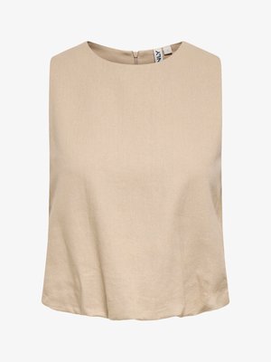 Haut court beige sans manches avec encolure arrondie et fermeture éclair au dos, petite étiquette de taille visible à l'intérieur du col.