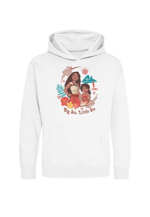 Hvid hættetrøje med illustration af to polynesiske piger i traditionelle klæder, omgivet af blomster og havmotiver med tekst "Big Sis, Little Sis."