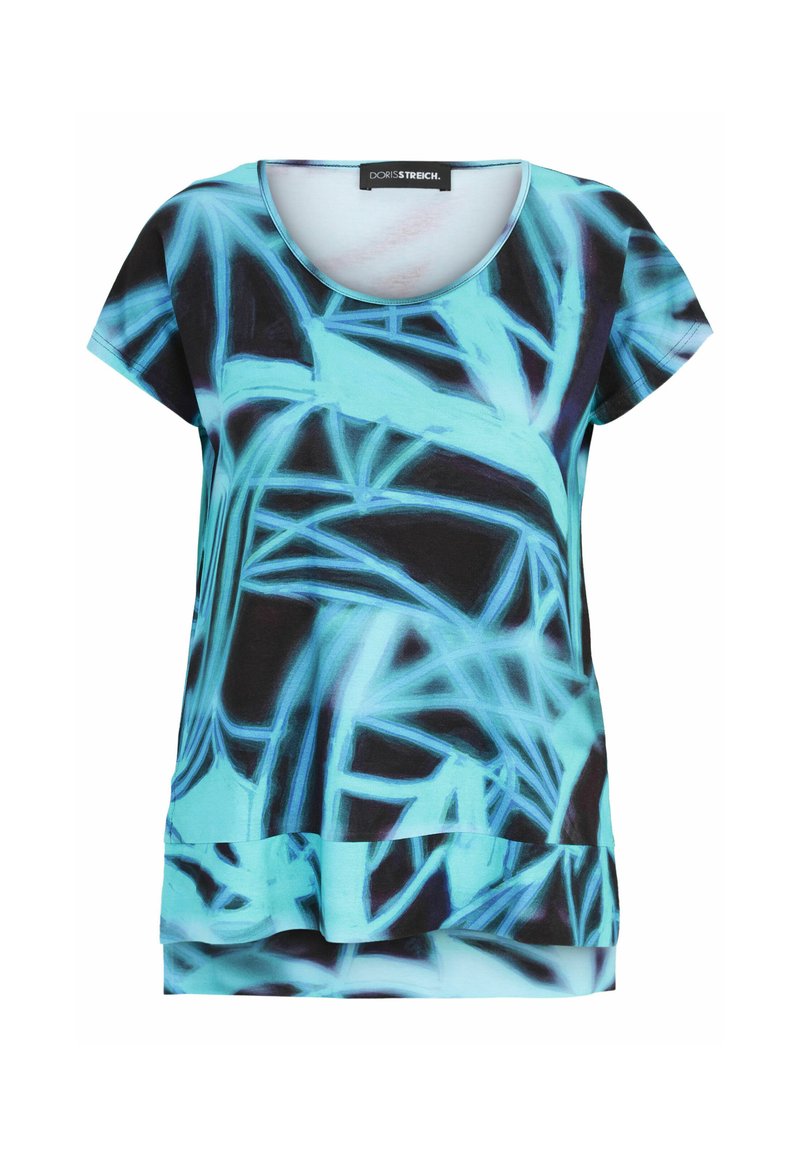 Short-sleeve top in light blue and black, featuring an abstract pattern with sharp lines and swirls. Made of soft fabric with a relaxed fit.