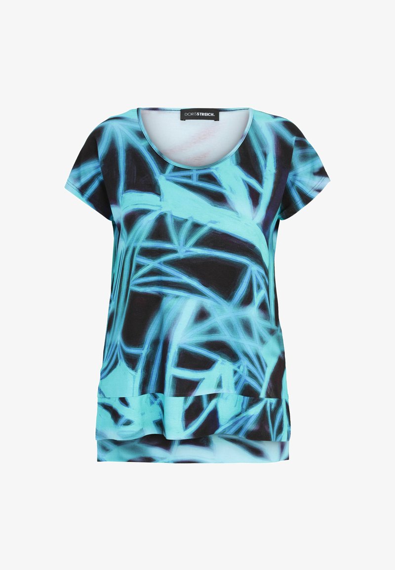 Short-sleeve top in light blue and black, featuring an abstract pattern with sharp lines and swirls. Made of soft fabric with a relaxed fit.