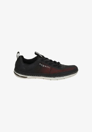 Black sneaker with red mesh detailing, featuring a cushioned sole, lace-up closure, and subtle branding on the side.