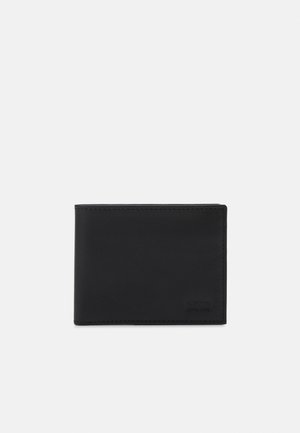 Black leather wallet with a smooth texture, bi-fold design, and subtle logo embossed on the bottom right corner. Simple and compact shape.