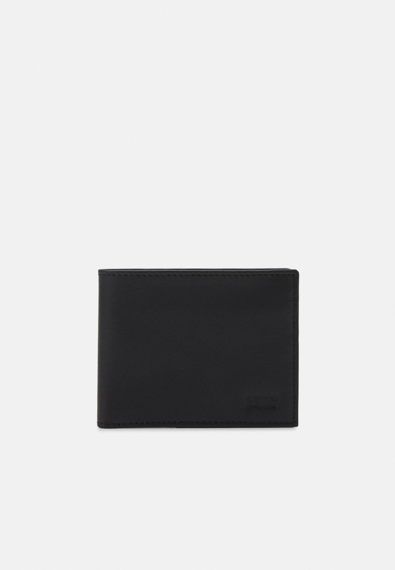 Black leather wallet with a smooth texture, bi-fold design, and subtle logo embossed on the bottom right corner. Simple and compact shape.