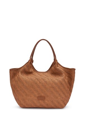 Sac cabas en tissu marron texturé avec deux anses et une petite étiquette rectangulaire de la marque au centre devant.