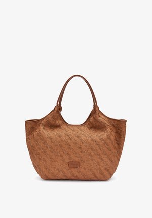 Sac cabas en tissu marron texturé avec deux anses et une petite étiquette rectangulaire de la marque au centre devant.