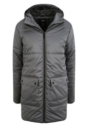 Siva podstavljena jakna s kapuljačom, punim zatvaračem, dva prednja džepa s preklopom i kviltanom teksturom. Napravljena od sintetičkog materijala.