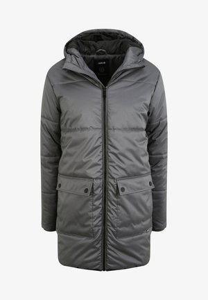 Siva podstavljena jakna s kapuljačom, punim zatvaračem, dva prednja džepa s preklopom i kviltanom teksturom. Napravljena od sintetičkog materijala.