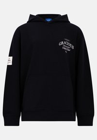 Felpa nera con cappuccio in tessuto morbido. Presenta tasca a marsupio, polsini a coste e testo ricamato sul davanti e sulla manica.