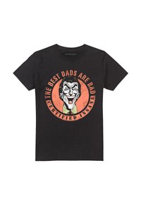 Black cotton t-shirt featuring a graphic print of a smiling character with text: "THE BEST DADS ARE BAD" and "CERTIFIED INSANE."