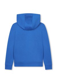 Sweatshirt bleu à capuche avec un tissu texturé, des poignets côtelés et un design de dos sans coutures. Présente une grande capuche et un ourlet droit.