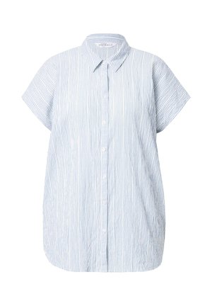 Blå- og hvidstribet kortærmet skjorte med knaplukning foran, der har en krave og en løs, afslappet pasform.
