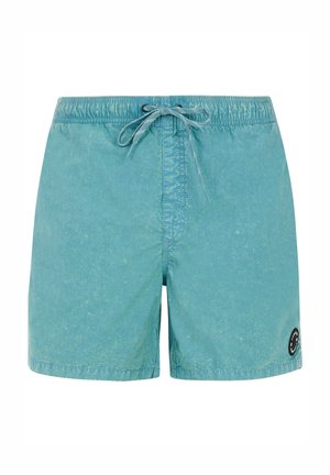 Svetlomodré plavky s textúrovaným povrchom, elastický pás, nastaviteľná šnúrka a logo nášivka na dolnej pravej strane.