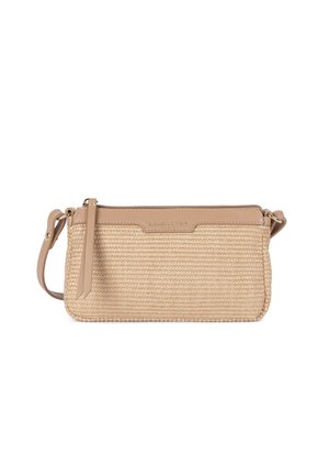Piccola borsa a tracolla beige intrecciata con rifiniture in pelle, chiusura con zip e tracolla regolabile, marchiata Lancaster.
