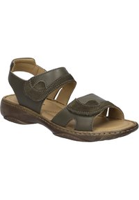 Zelené kožené sandály s nastavitelnými popruhy, otevřenou špičkou, polstrovanou stélkou a texturovanou podrážkou pro lepší přilnavost a pohodlí.