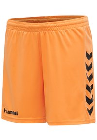 Orange idrottsshorts i lättviktsmaterial, med ett svart chevronmönster längs sidorna och ett elastiskt midjeband.