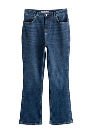 Tmavomodré riflové nohavice s predným gombíkom a zipsom, dvoma prednými vreckami a miernym rozšírením na spodku.